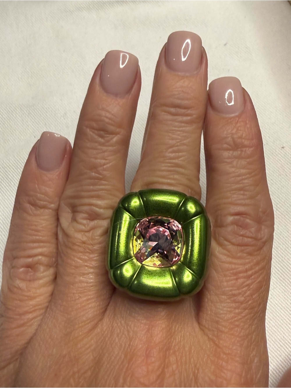 Swarovski Dulcis Green Cushion Ring with Pink Center Stone